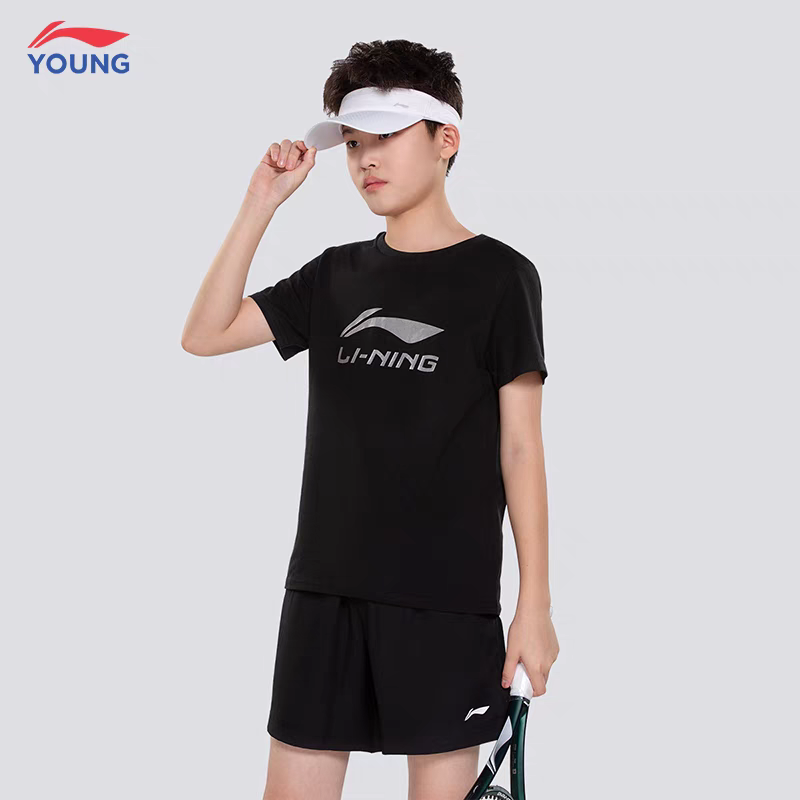 李宁儿童男童夏季宽松针织纯棉透气圆领经典logoT恤短袖YHSV257