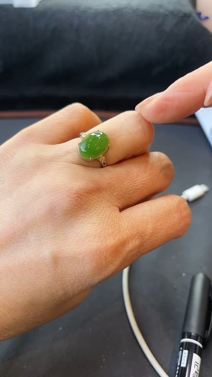 【闪购商品】和田玉戒指银S925镀金镶嵌双菱绿戒1