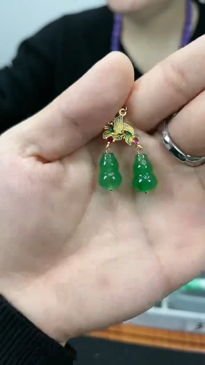 【闪购商品】翡翠耳饰未镶嵌s32满色满绿葫芦耳坠