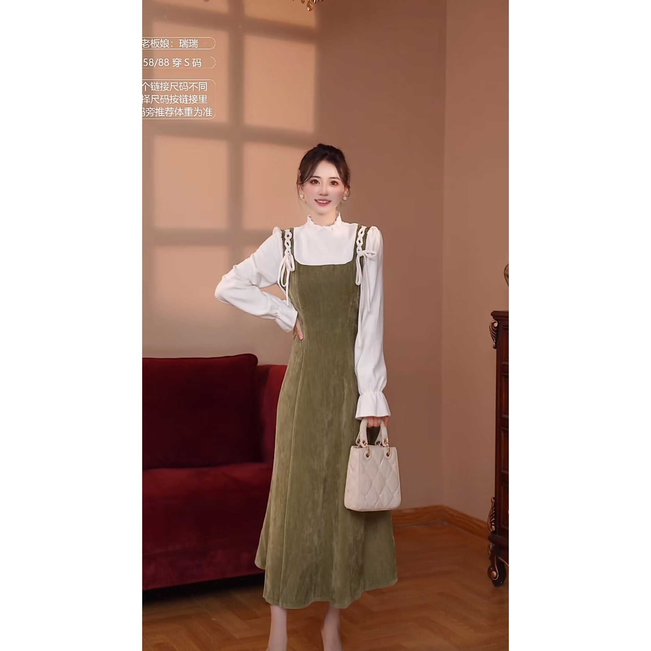 秋冬新款法式复古长袖毛呢连衣裙女装绿色裙D4027