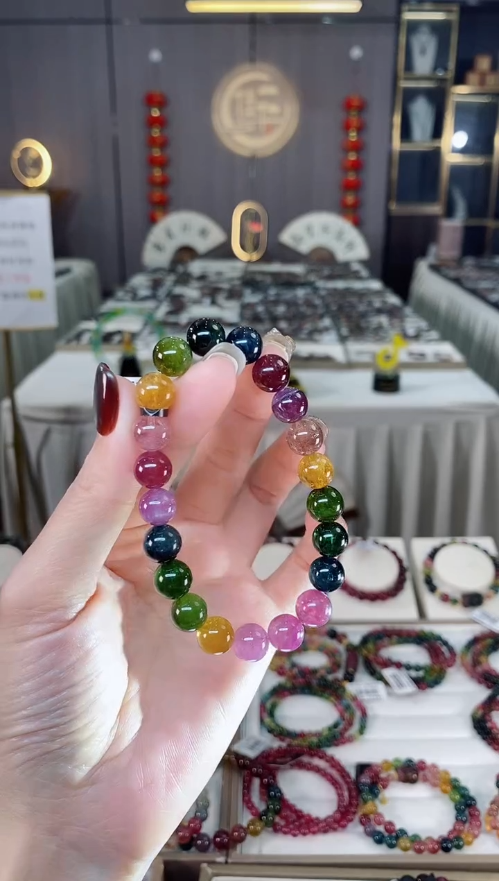未镶嵌老矿碧玺色标彩虹单圈手串9mm+碧玺dan多样性发货一条