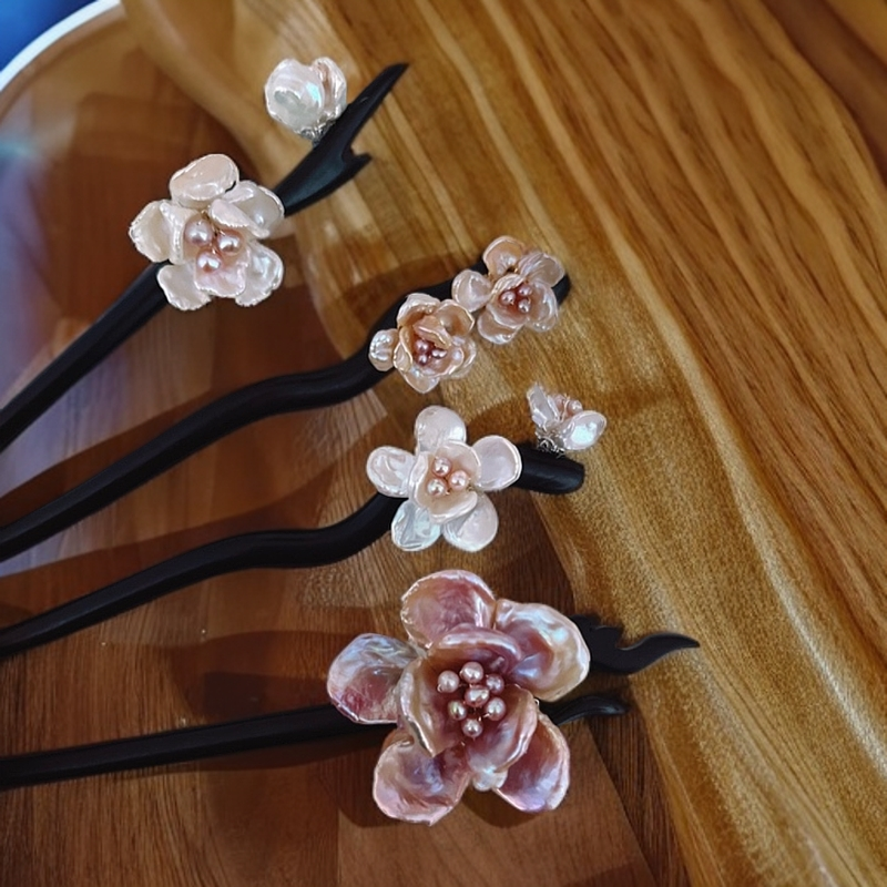 黑檀木绒花银蓝花朵手工枝丫发簪头饰国风古风，天然巴洛克高级感