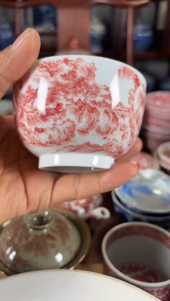 柴窑釉里红山水杯杯