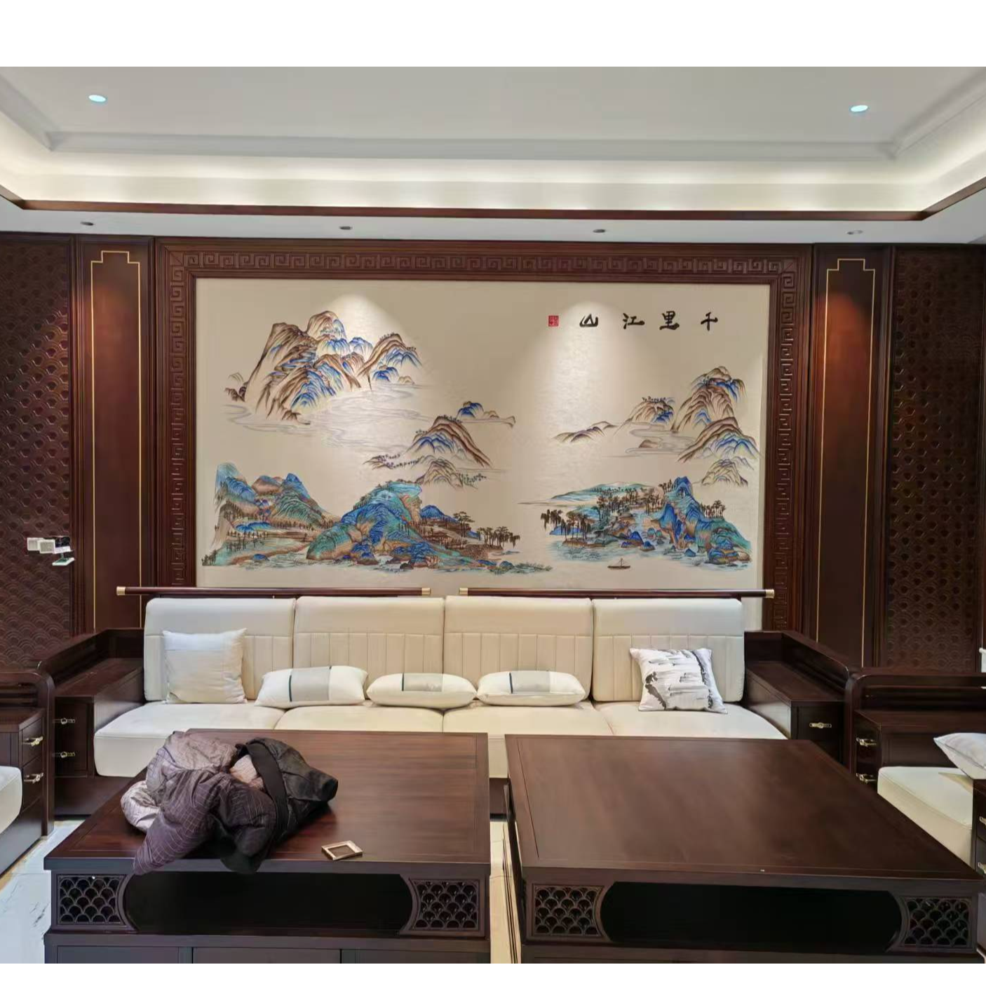 现代中式风格刺绣墙布千里江山10珠光彩金升级款背景墙尺寸可定制
