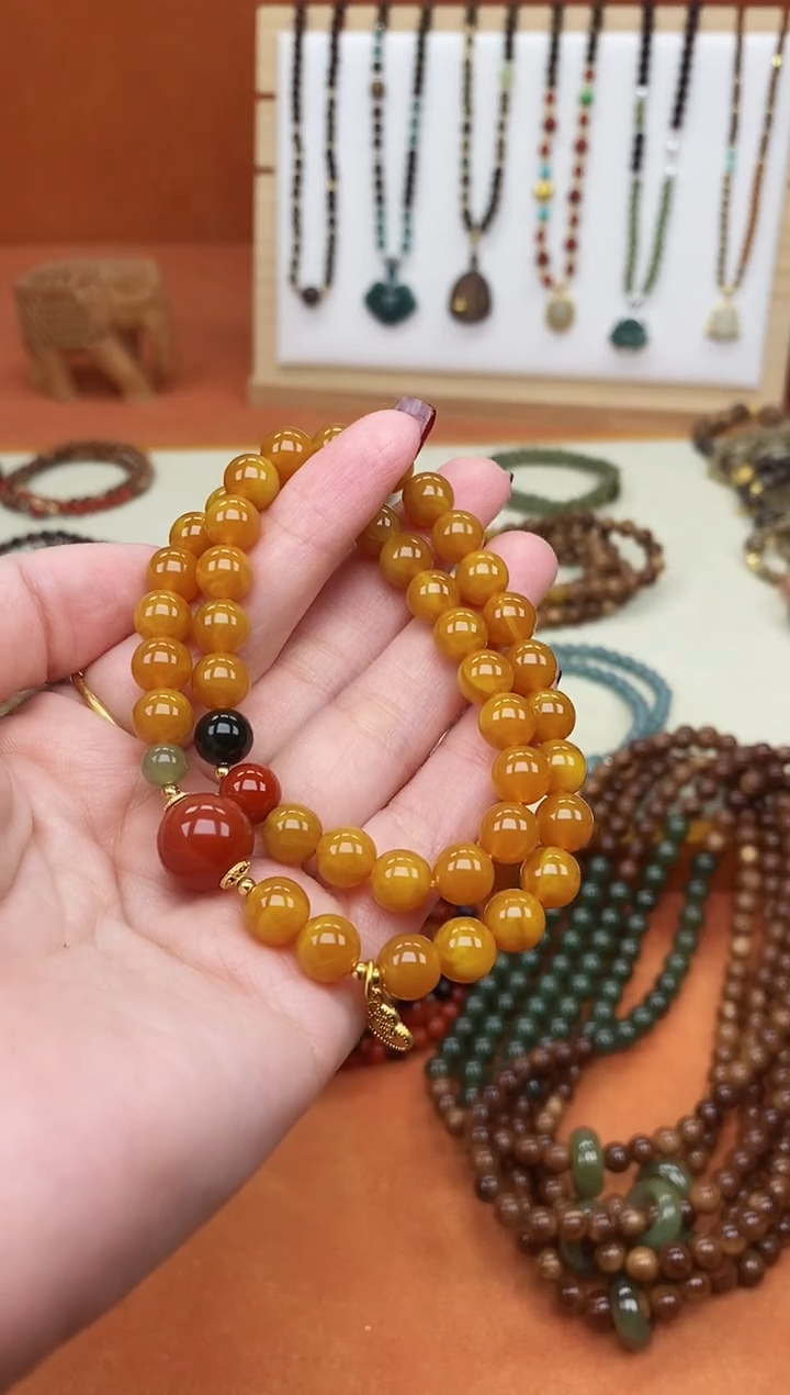 手链蜜蜡未镶嵌双圈蜜蜡和田南红手串