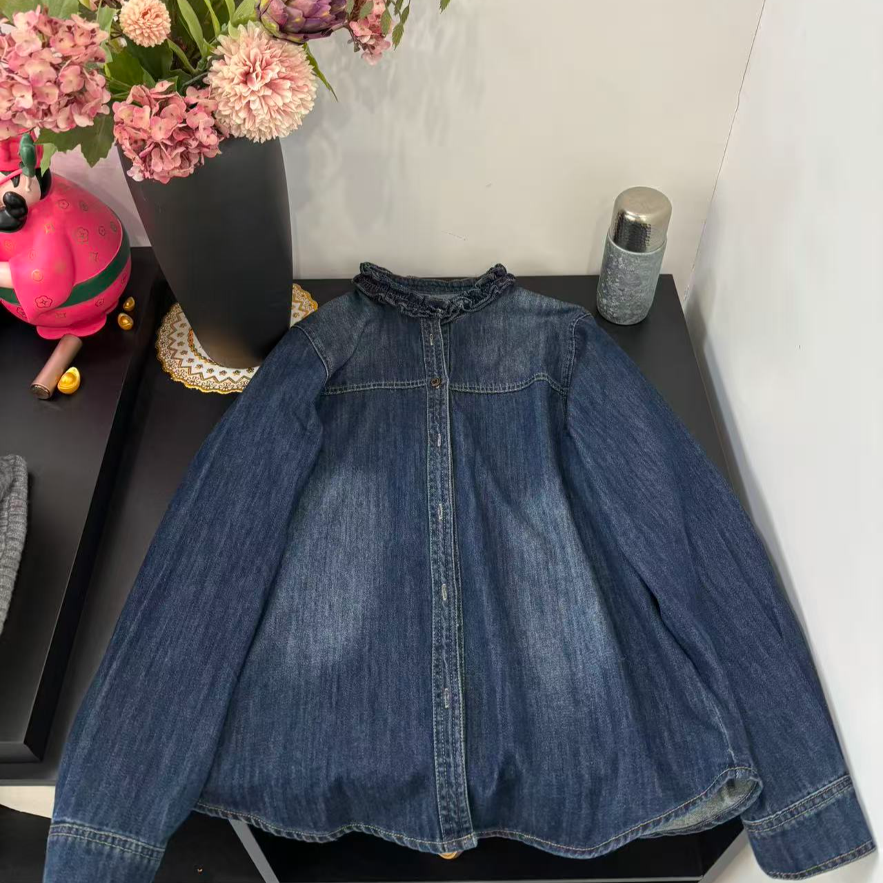 5878【DG】2026年早春时尚领口木耳花边牛仔衬衫