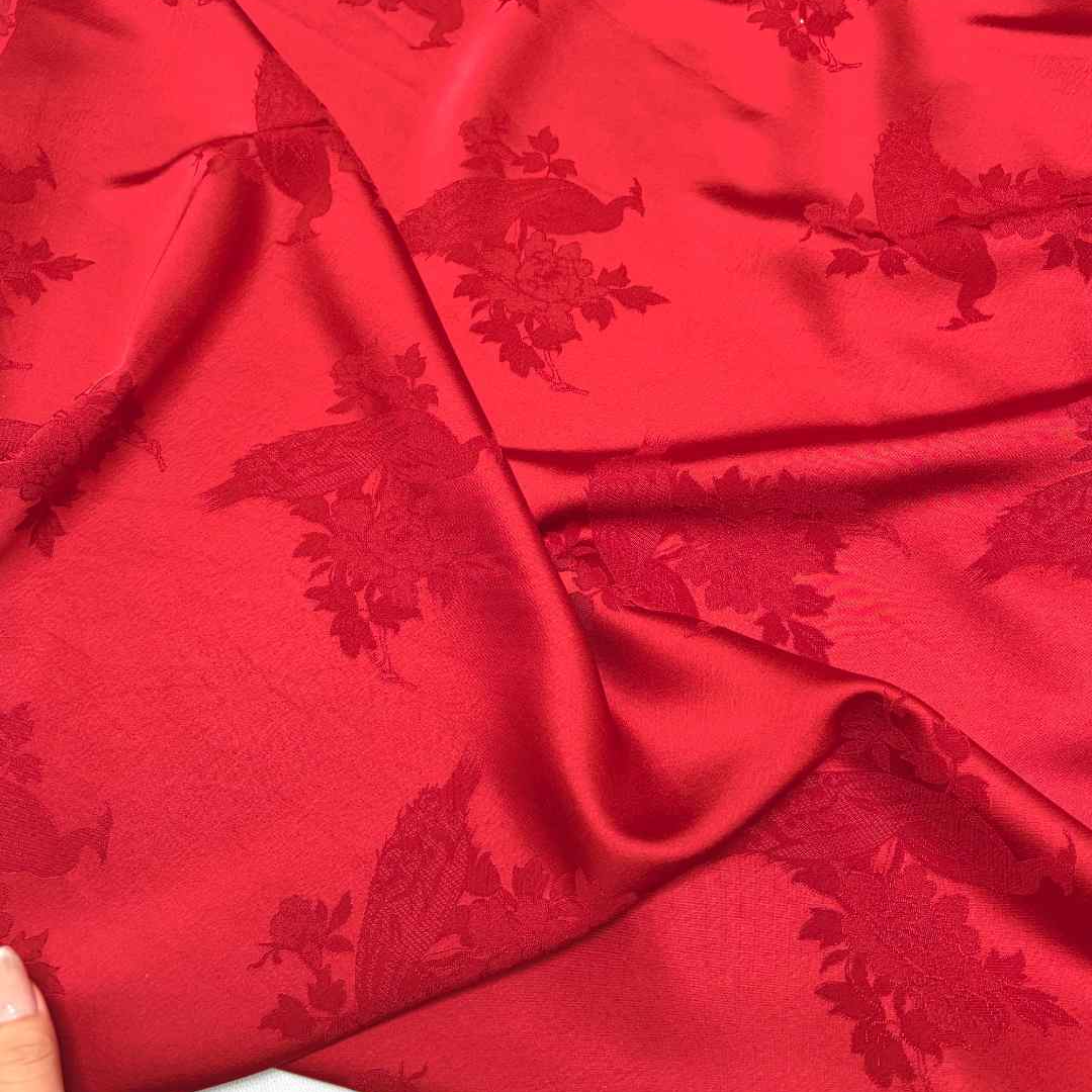 红色喜鹊登枝重缎国风新中式布料