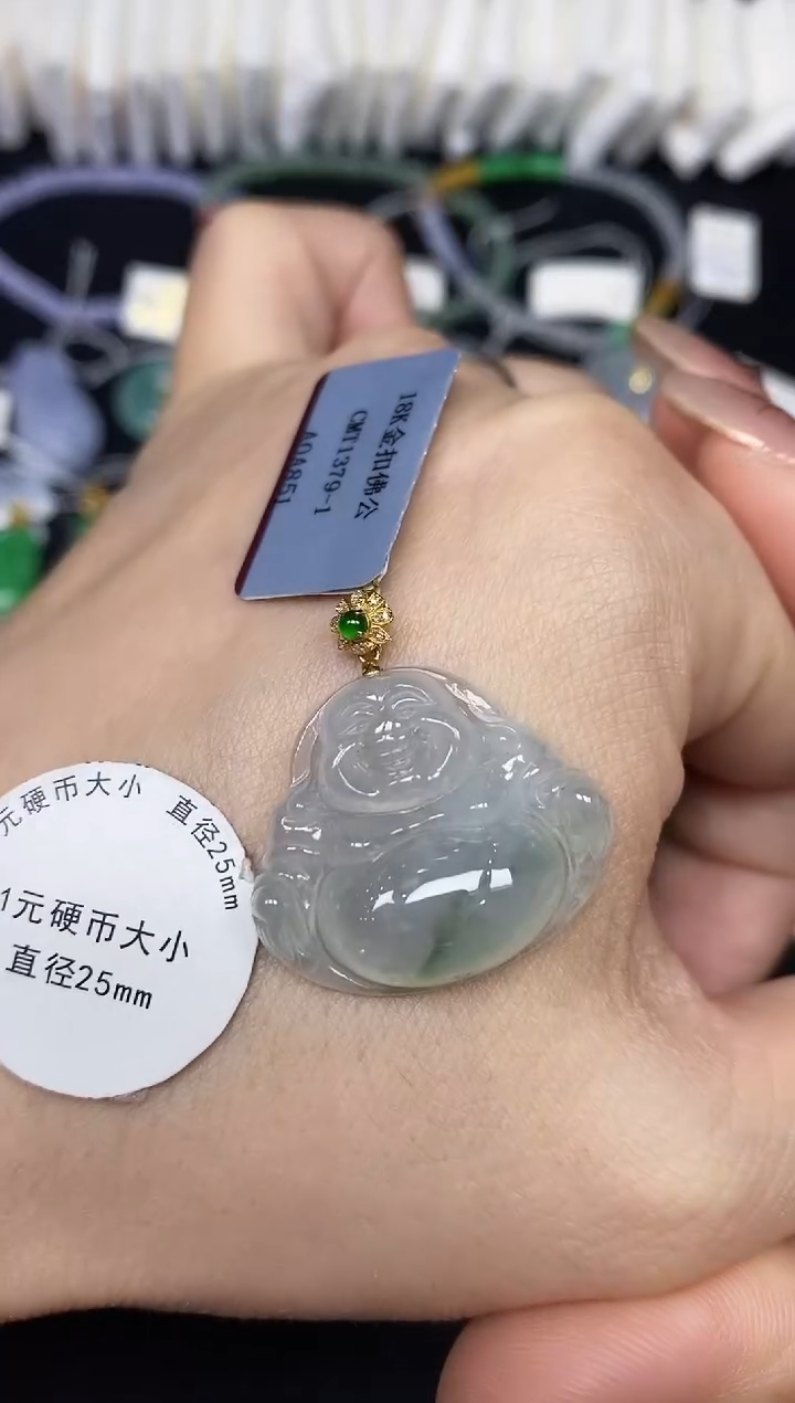 吊坠(不含链)18K金镶嵌翡翠佛公18K金扣镶嵌@@CMT