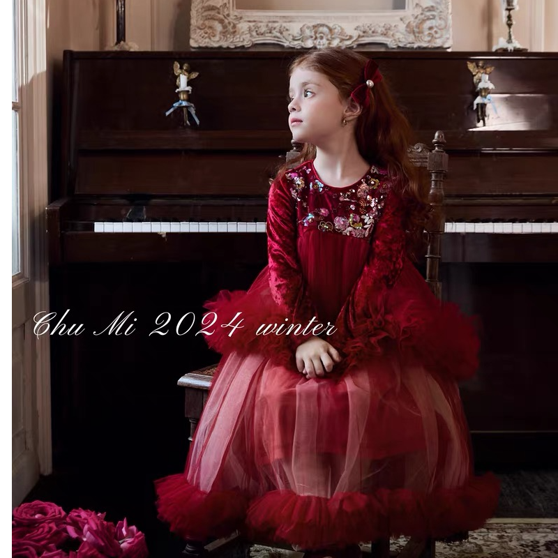 单品-红礼裙 C025女童公主裙红色刺绣丝绒连衣裙新年拜年服