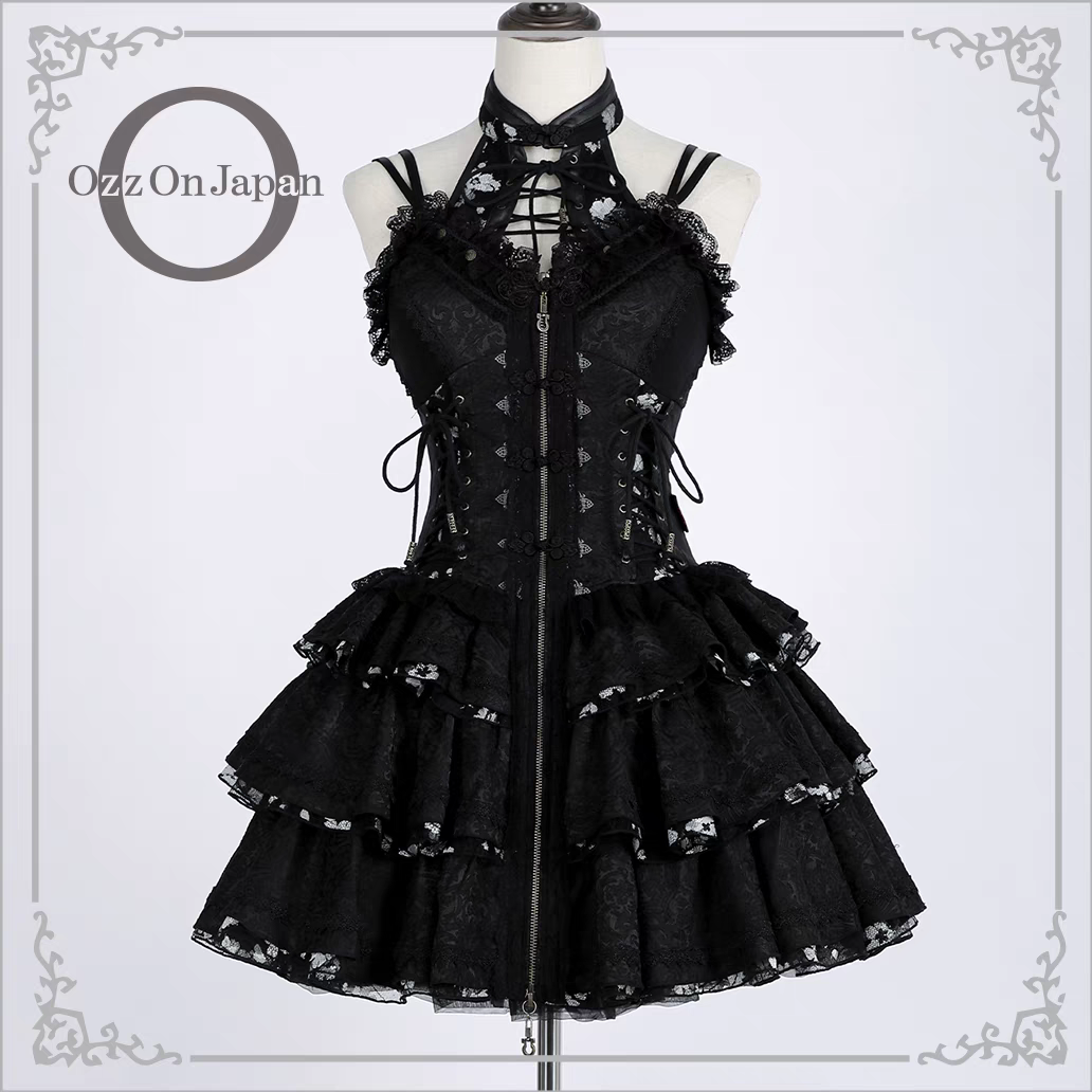 [现货]花鸟龙月OzzonJapanONESTE中华风立领挂脖蛋糕短裙