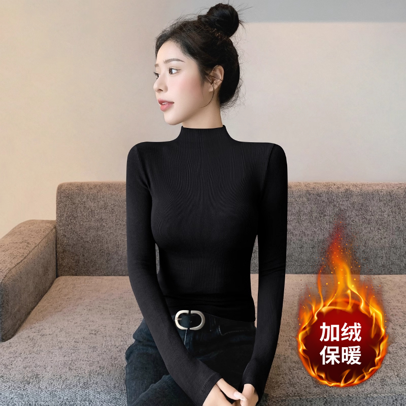 【酥酥专属】黑色半高领打底衫女内搭秋冬新款洋气螺纹长袖t恤上衣 