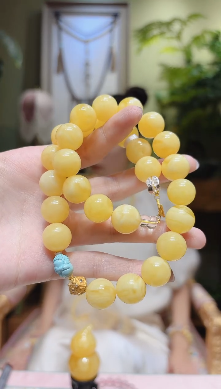 【闪购商品】蜜蜡裸石18K金镶嵌绿松无相蜜蜡项链