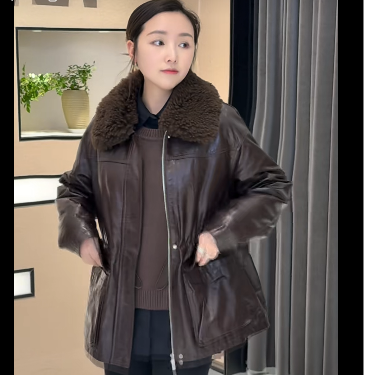 玛丝恩迪/MASIENDI翻领复古中长款皮衣皮毛一体保暖45582