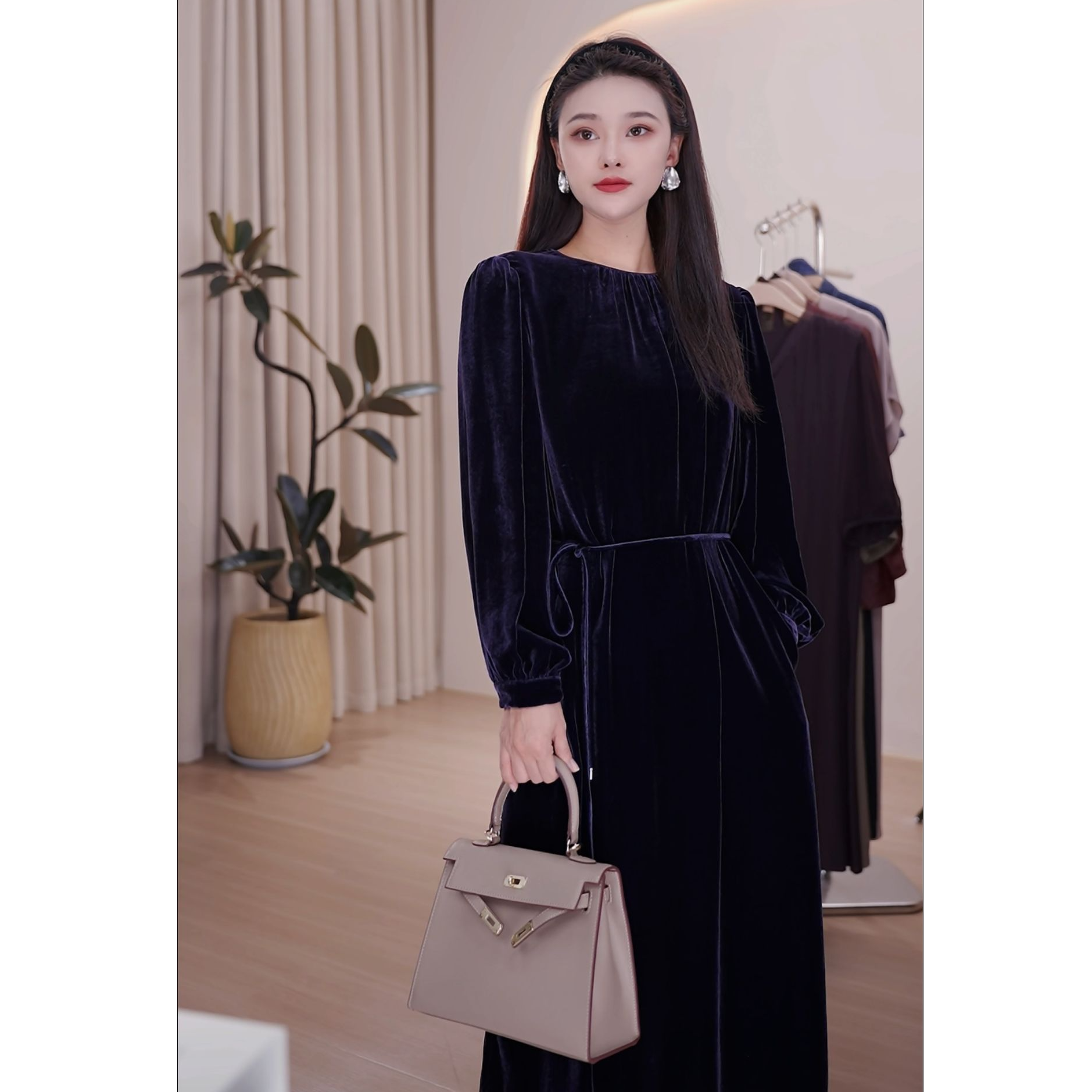 秋冬新款桑蚕丝真丝丝绒轻奢气质女装连衣裙82501217