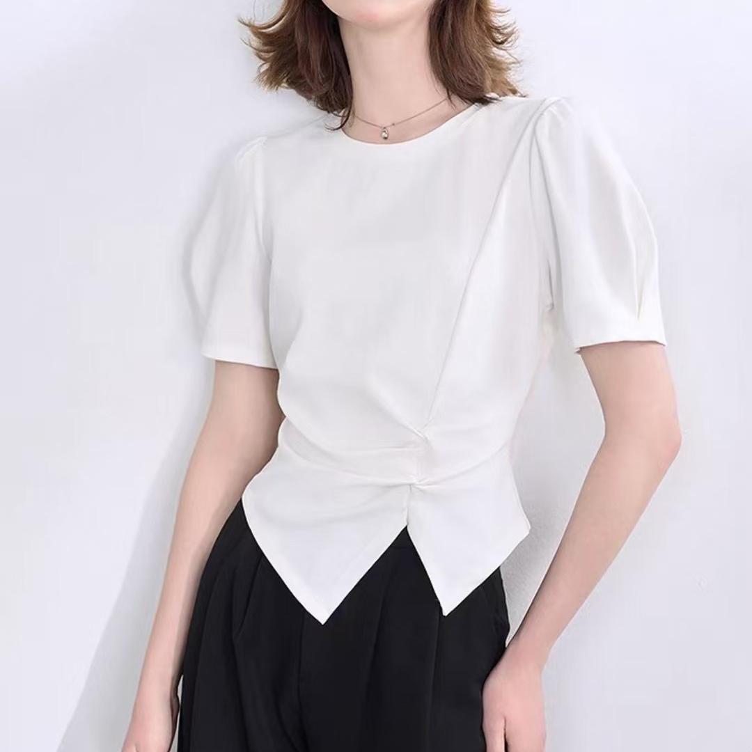 【苗姐衣橱】25夏 设计师褶皱短袖上衣T恤3617