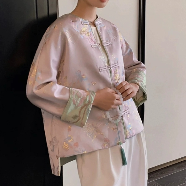 古兮【子末青合】新中式提花外套女2025新款粉色宋锦缎刺绣唐装上衣