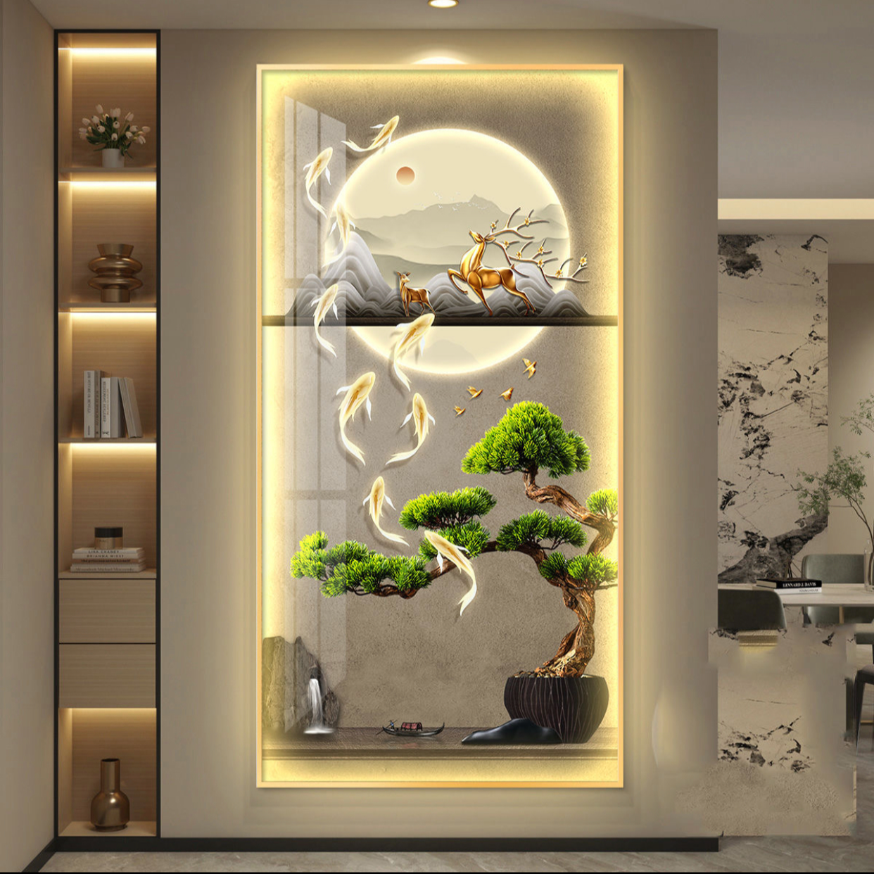 九鱼迎客松入户门走廊墙壁挂画新中式高档大气过道玄关灯光装饰画