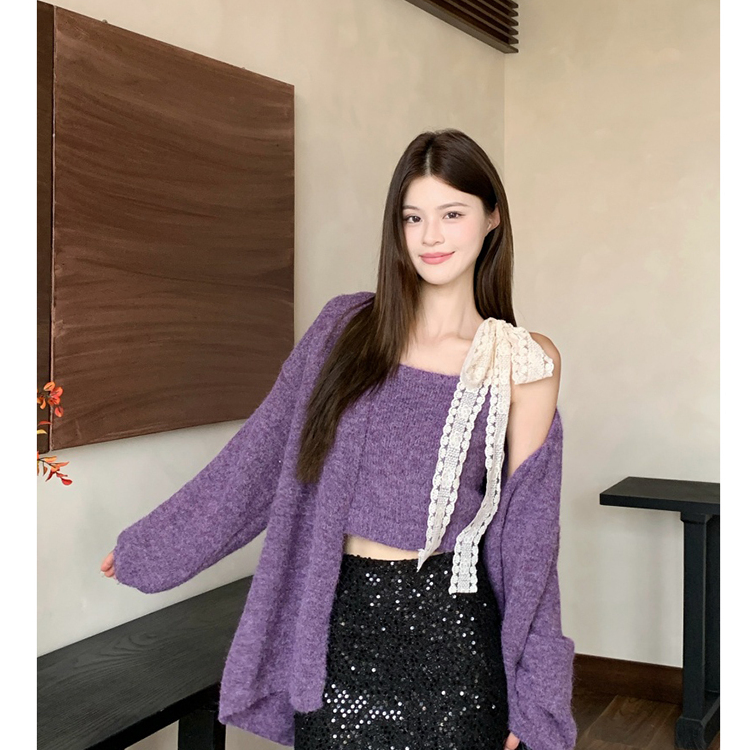 温柔风高级感时尚套装女秋季2025新款内搭吊带长袖毛衣外套两件套