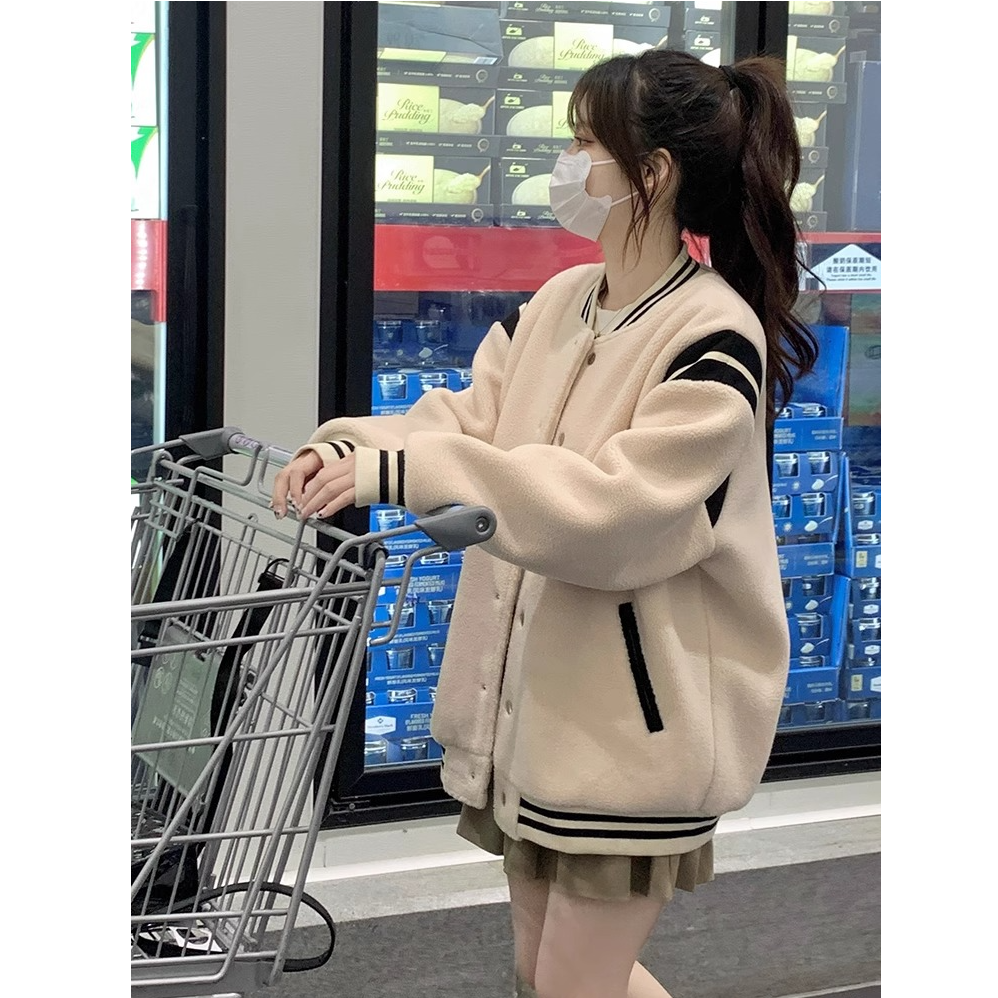 冬季休闲加绒棒球服女2025秋冬外套厚外套百搭卫衣琥珀流光穿搭