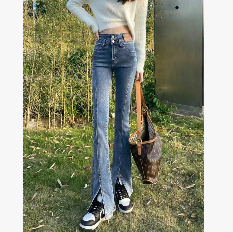 蓝色两粒扣贴标高腰微喇开叉牛仔裤女巨显瘦喇叭裤8317【5】