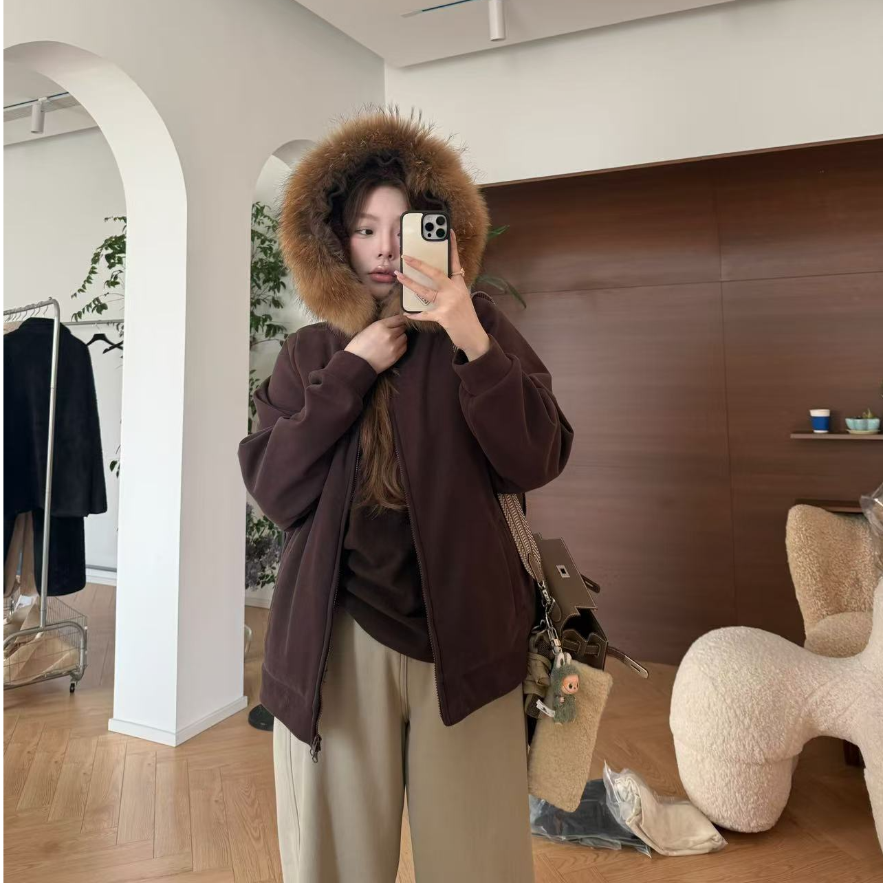 【夏夏】座山雕-大码连帽hao子毛领百搭显瘦内里毛毛保暖外套S02341