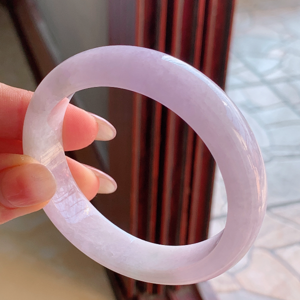 56圈天然翡翠A货老坑冰糯种淡粉紫色手镯87少女天然粉平安镯女款