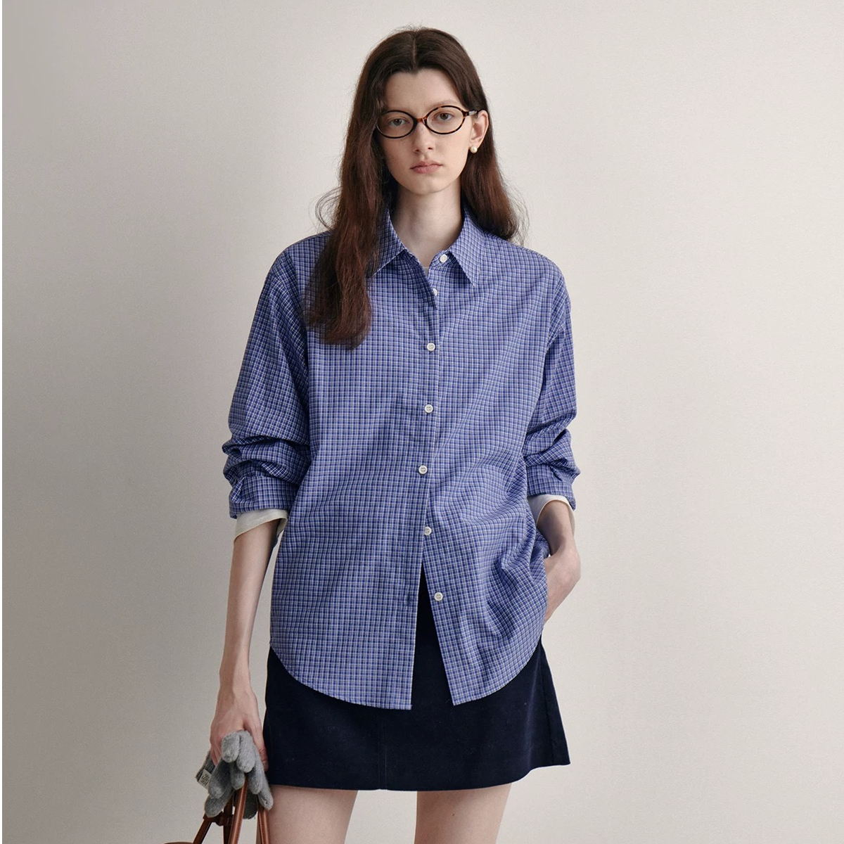 复古学院风蓝色纯棉格子衬衫2025春季新款高级感休闲宽松上衣女
