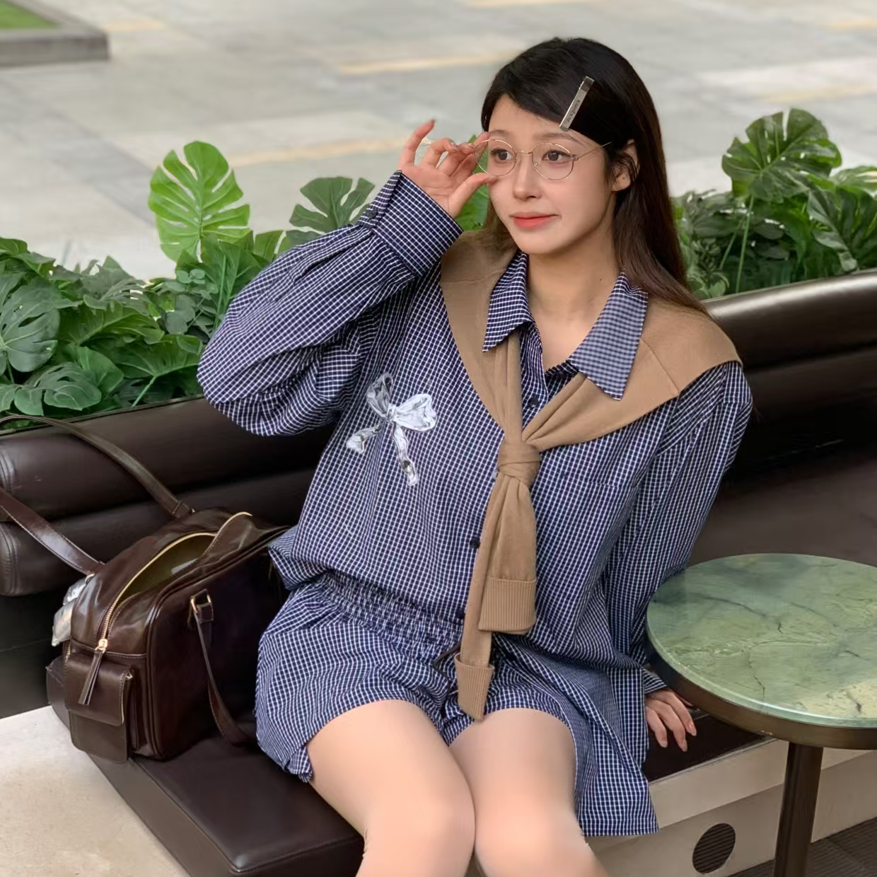 REVAN芮范2025春季新品设计师款学院风蓝格子衬衫套装