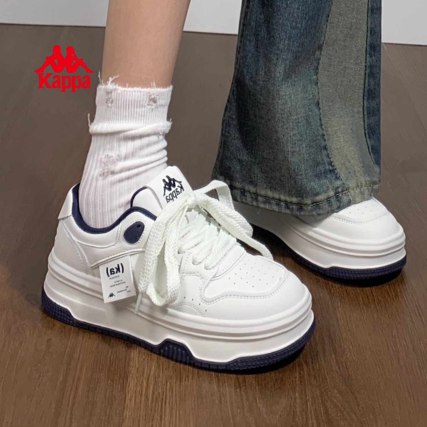 Kappa卡帕厚底板鞋女时尚百搭小白鞋增高运动休闲鞋子K0F25CC20J