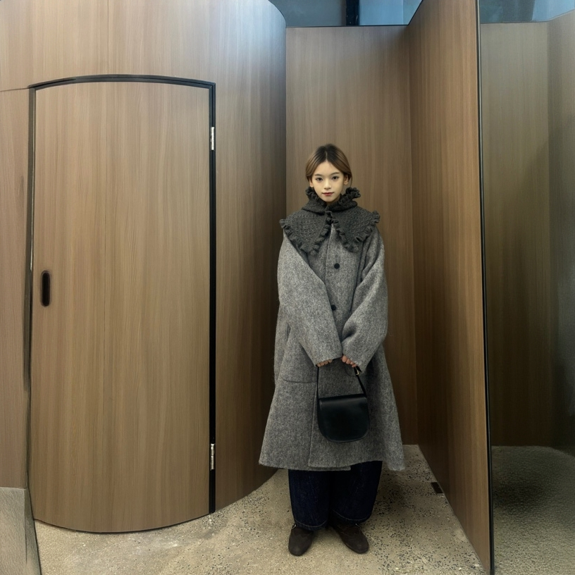 VIINS灰色双面呢大衣女大翻领长款毛呢外套91109