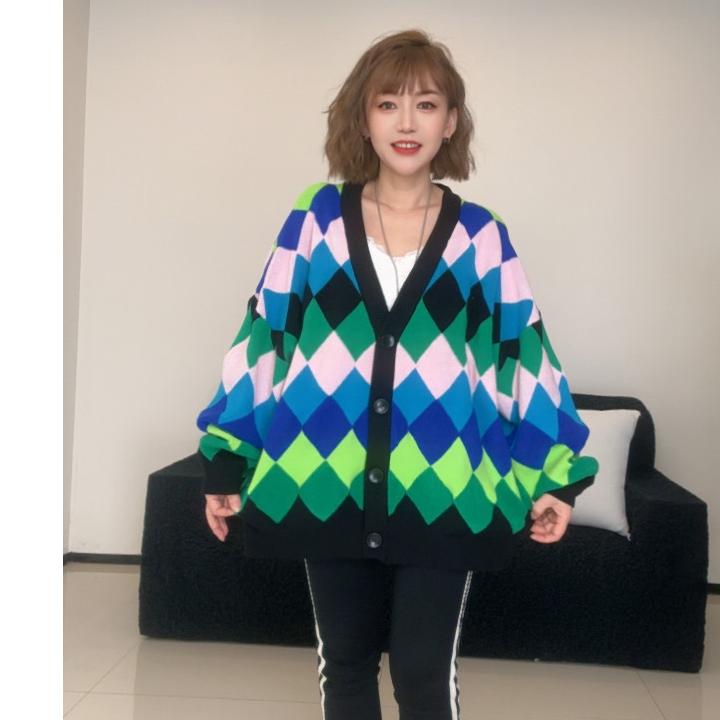 25秋季V领彩色毛衣菱形针织衫韩版撞色格子嘻哈风