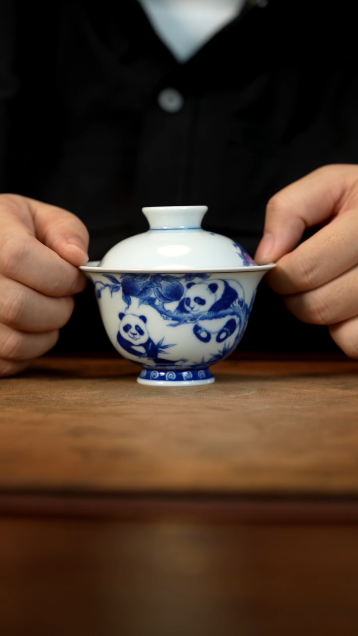 【闪购商品】青花熊猫两才盖碗
