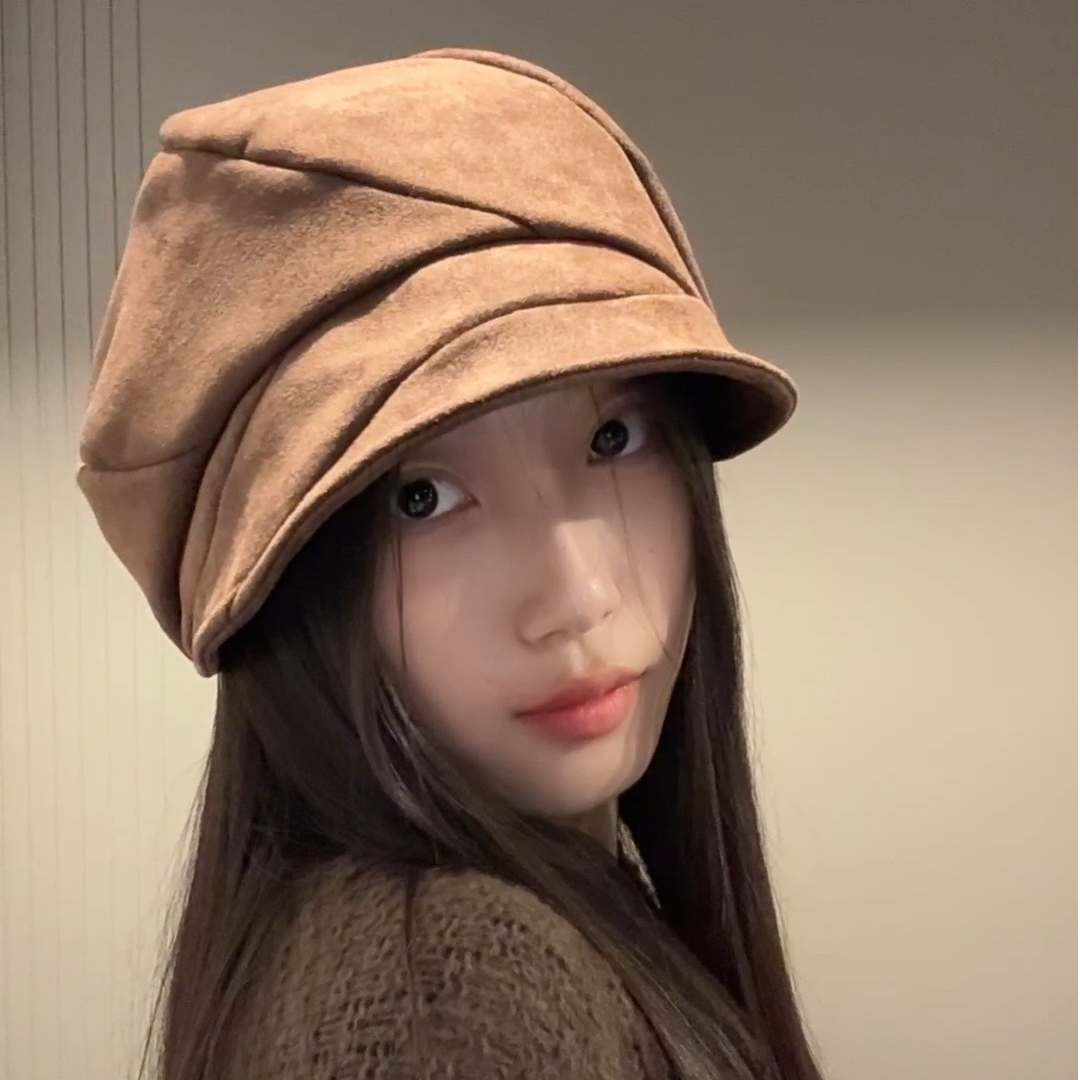 原创韩系软顶秋冬贝雷帽帽子大头围方圆脸天菜帽麂皮百搭八角帽