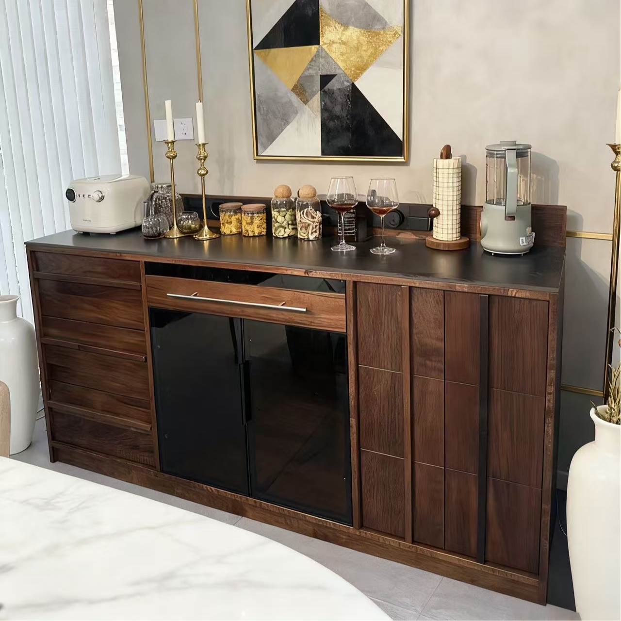 二号柜 下柜 北美黑胡桃玻璃柜多功能收纳餐边柜置物架储物柜酒柜