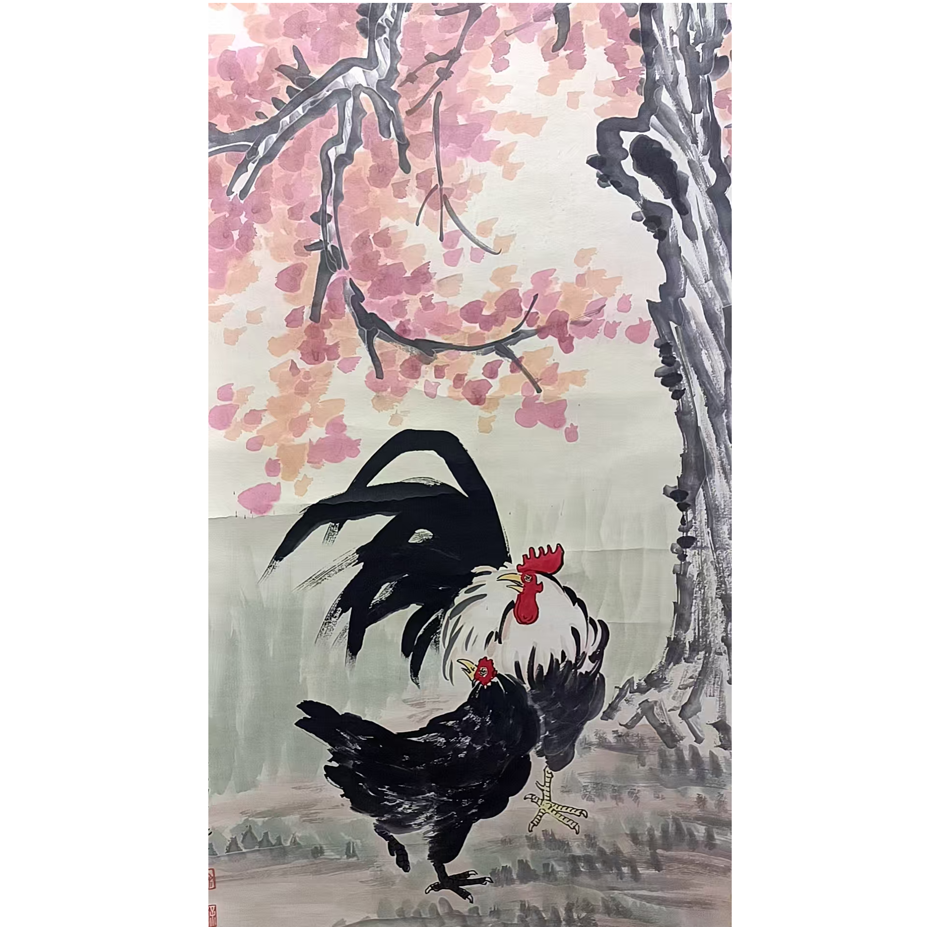 徐     双鸡挂轴135*67