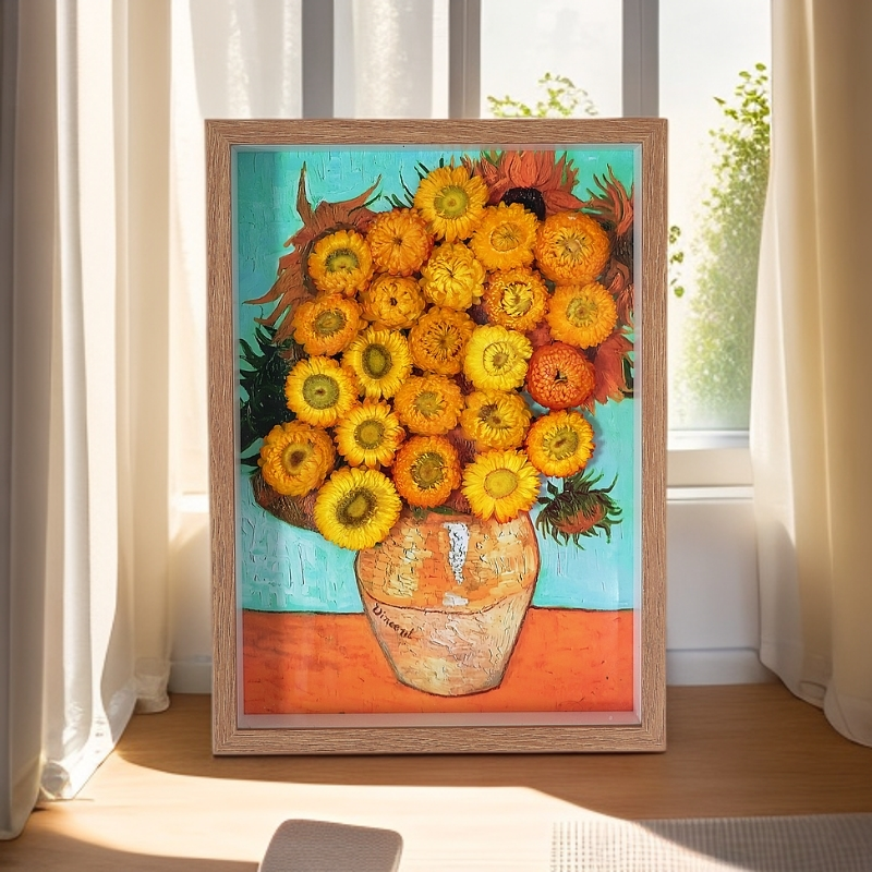 梵高暖阳●31.5X23原木框抽象花卉油画餐厅卧室装饰画永生花画框