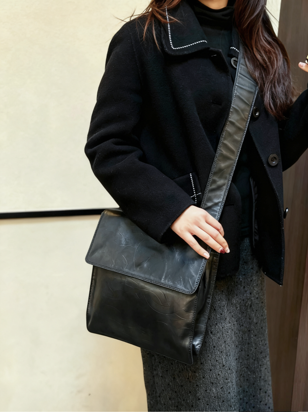 95新 Chanel/香奈儿 黑色腋下荔枝纹双C大logo托特包 底长17 5开