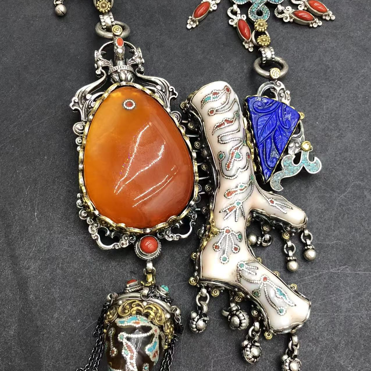 吊坠925银玻璃 茹尼泊尔重工镶嵌多宝项链民族风彩色复古中古