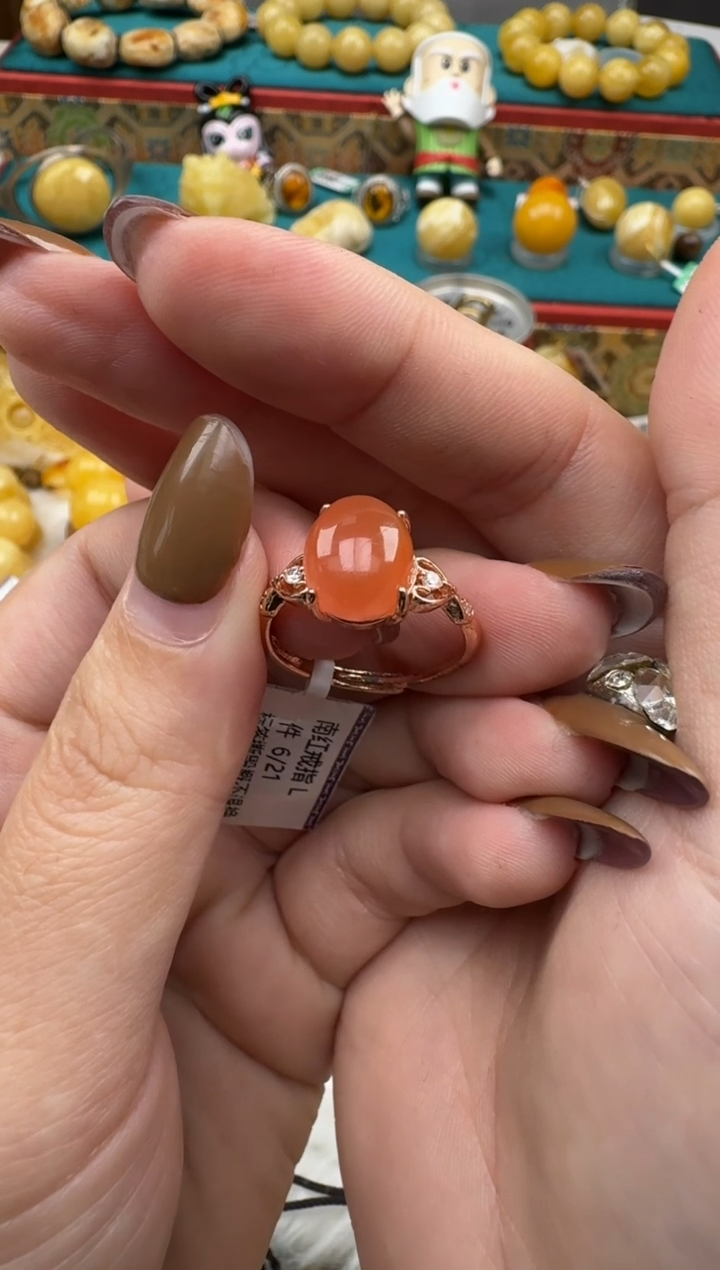 银S925镶嵌南红玛瑙珠宝奇石柔****光戒指HZ121