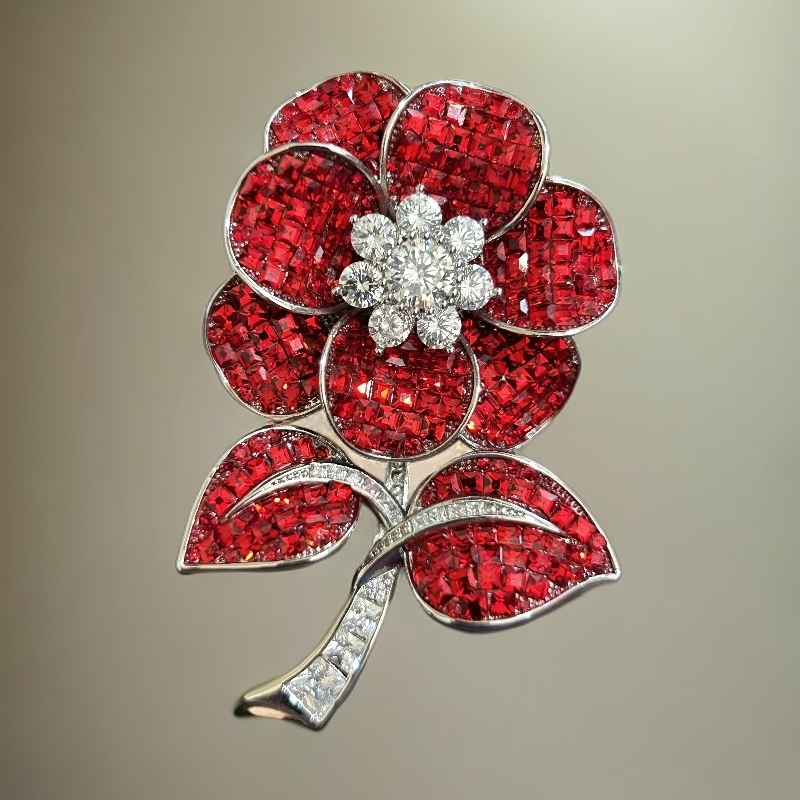 铜合金锆石胸针 红色30788轻奢秋冬奢华花朵胸针精致百搭胸花高档