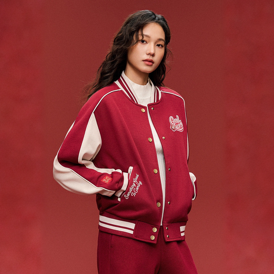 好事发生新年鸿运外套美式复古时尚球服女新款加绒运动夹克