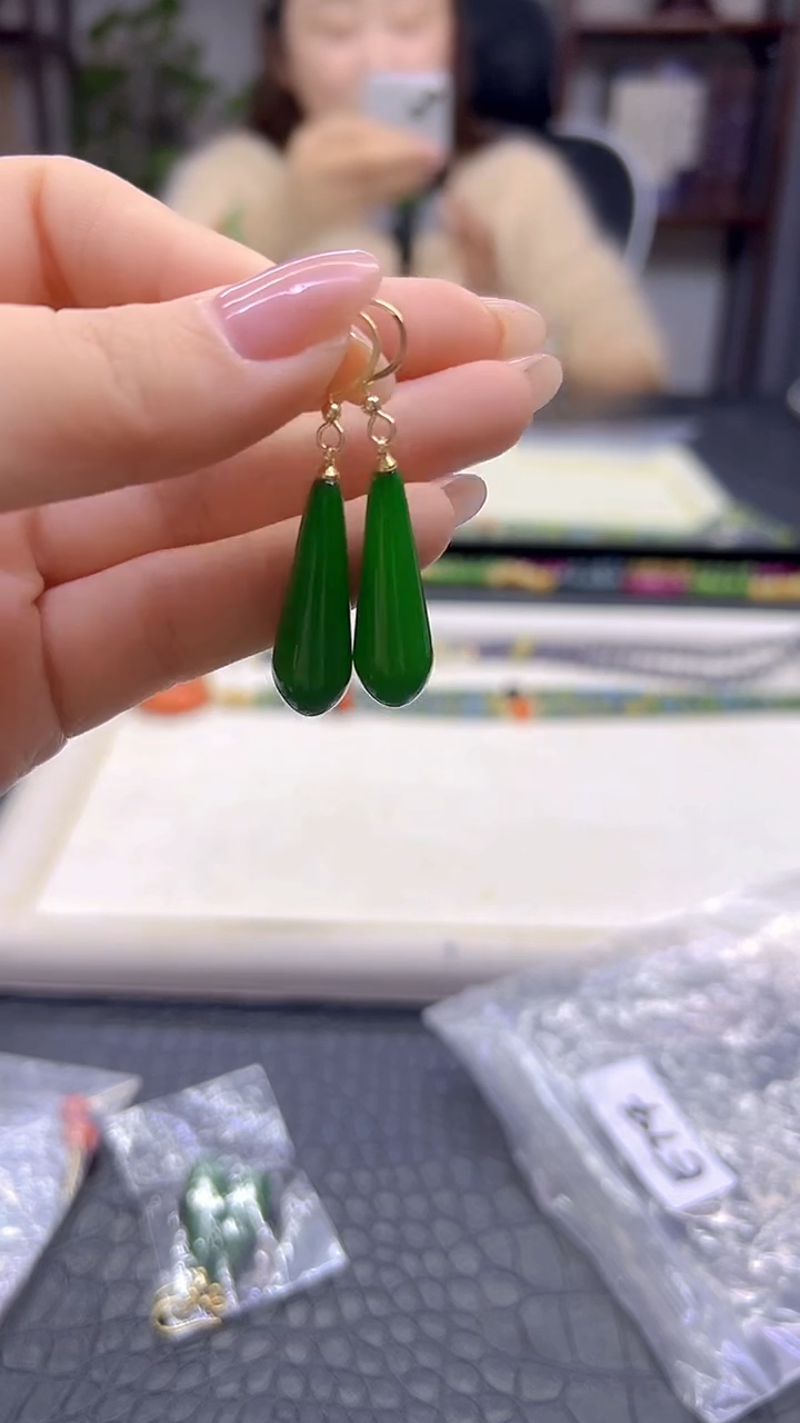 14K金镶嵌和田玉耳饰DIY款E74