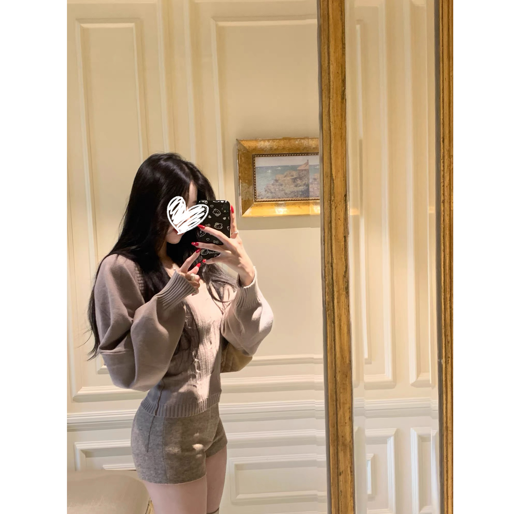 摩卡慕斯 秋冬辣妹风灯笼袖绞花吊带背心开衫针织两件套装D1059