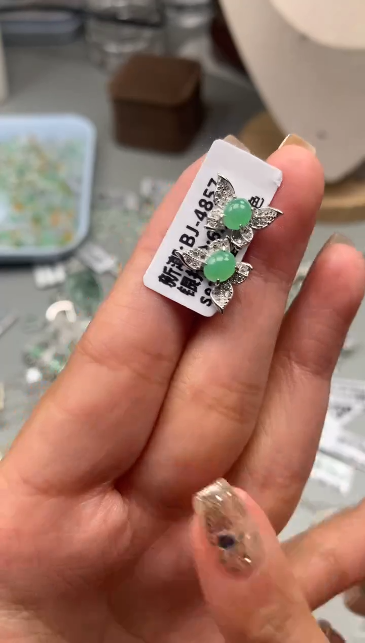 银S925镶嵌戒指翡翠耳饰8