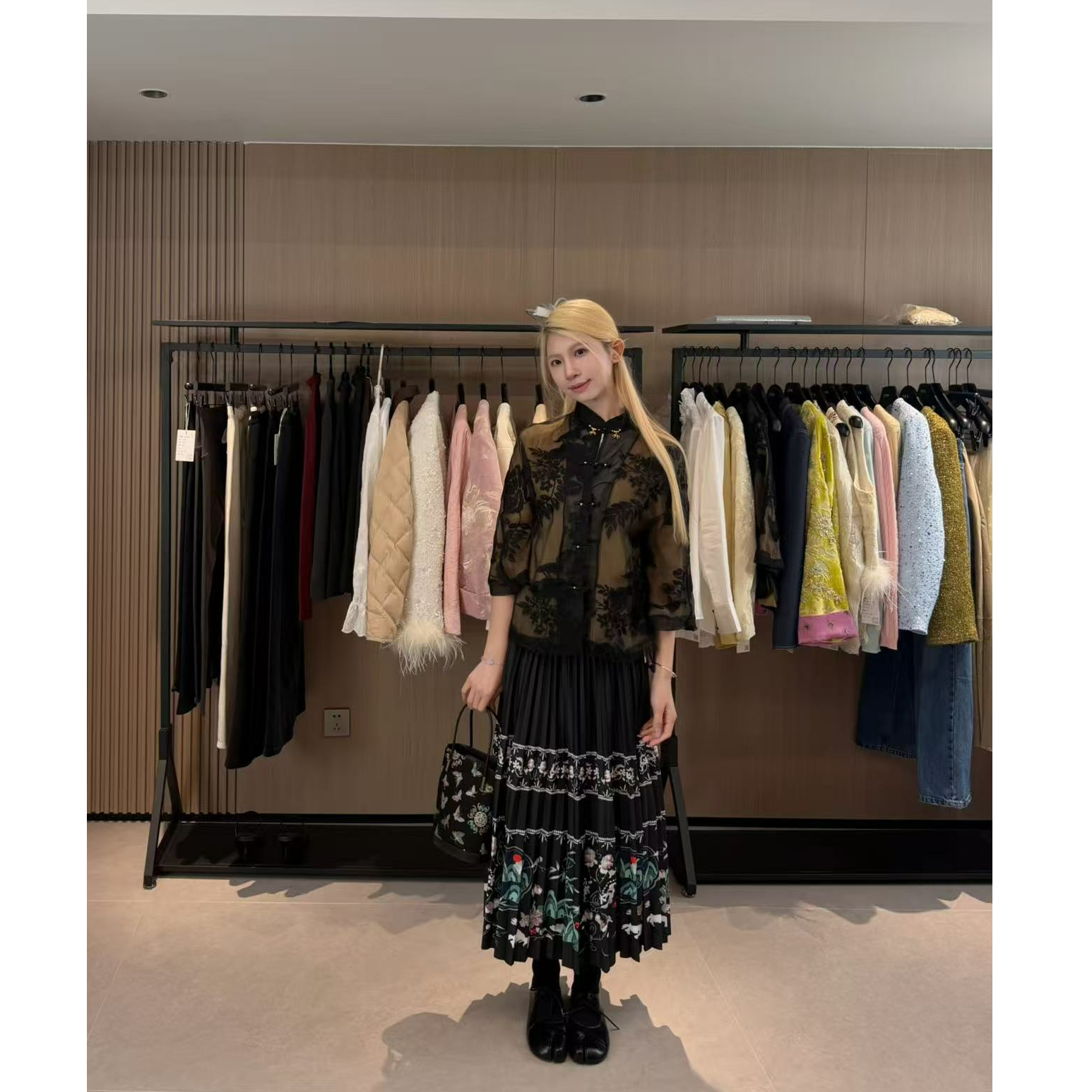 新中式国风印花半身裙春季百褶裙中长款高腰 A字遮跨显瘦时尚伞裙