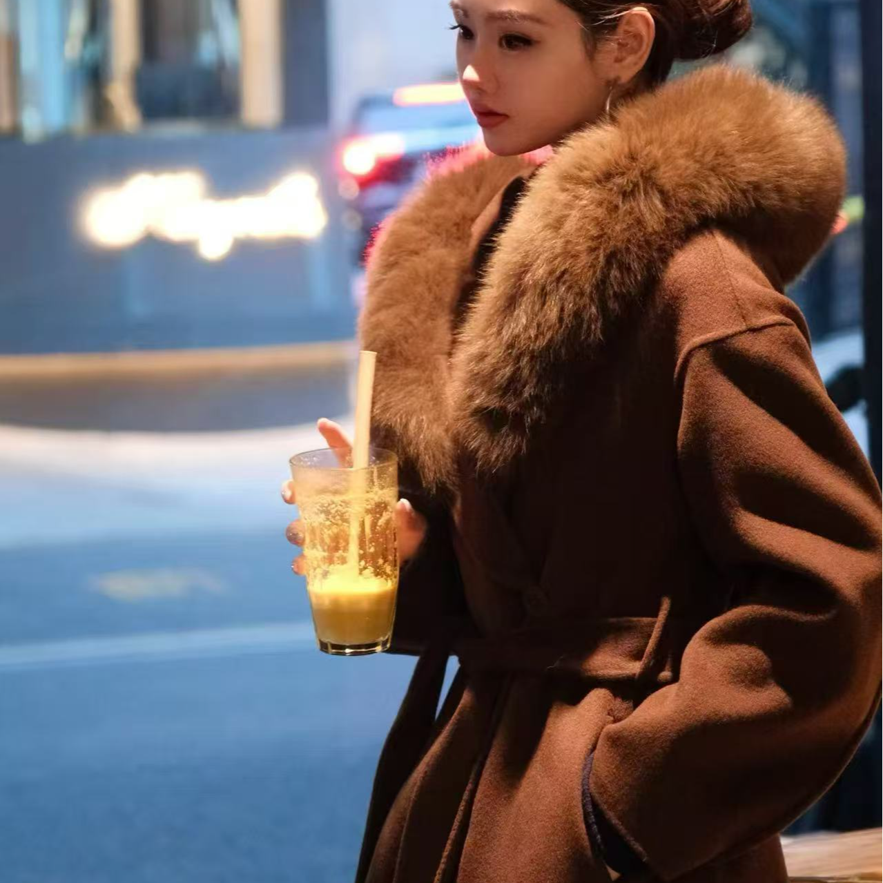 未使用 MaxMara Mango系列 狐狸毛领大衣 女款纯色羊绒秋冬气质