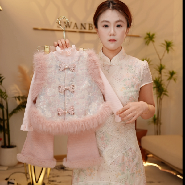 【现货】【Y.k9237】2025秋季新款女童国风加绒复古女宝长裤套装中式