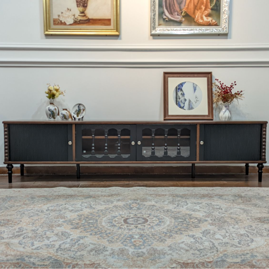 中古风实木电视柜2025新款高级感风格拼色家用黑色客厅电视柜