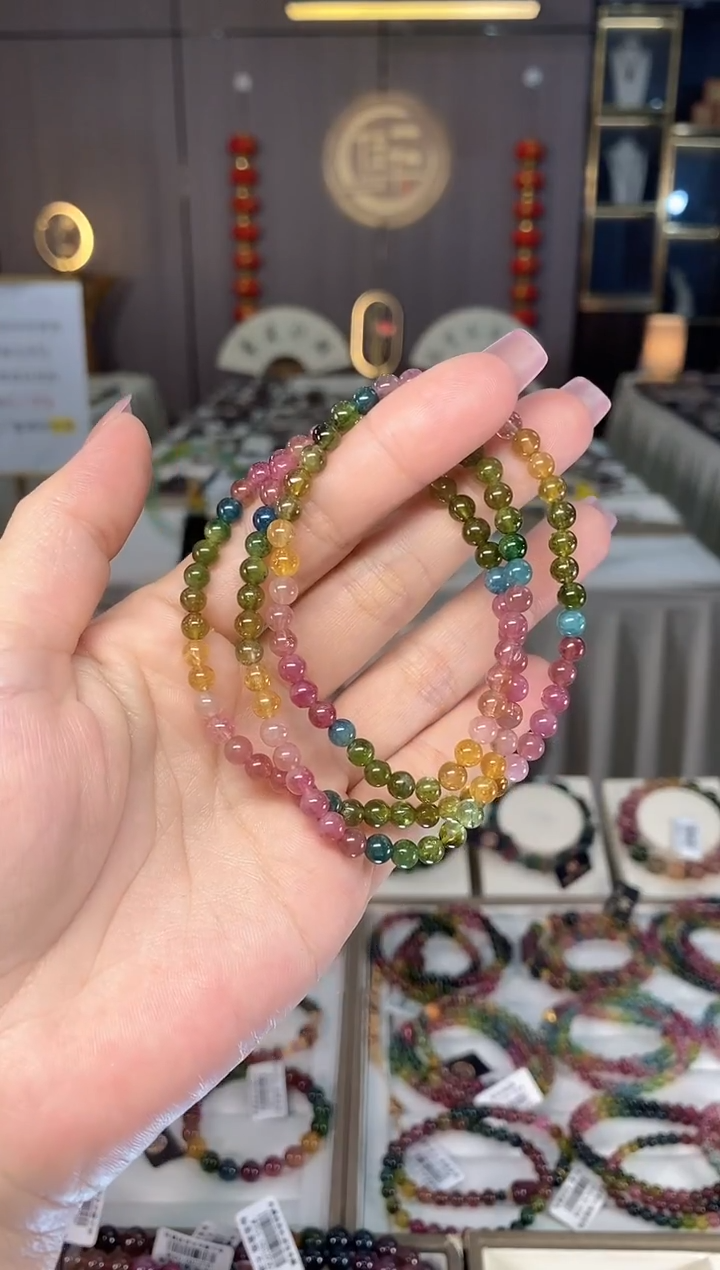 未镶嵌老矿碧玺彩虹三圈手串4mm+碧玺多样性发货一条hon