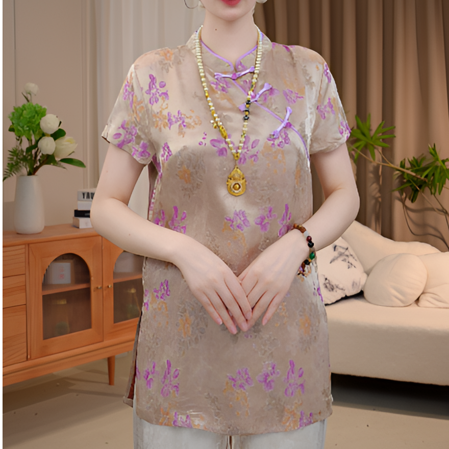 国风复古印花上衣立领小衫新中式新款盘扣衬衫2025B9758——七月